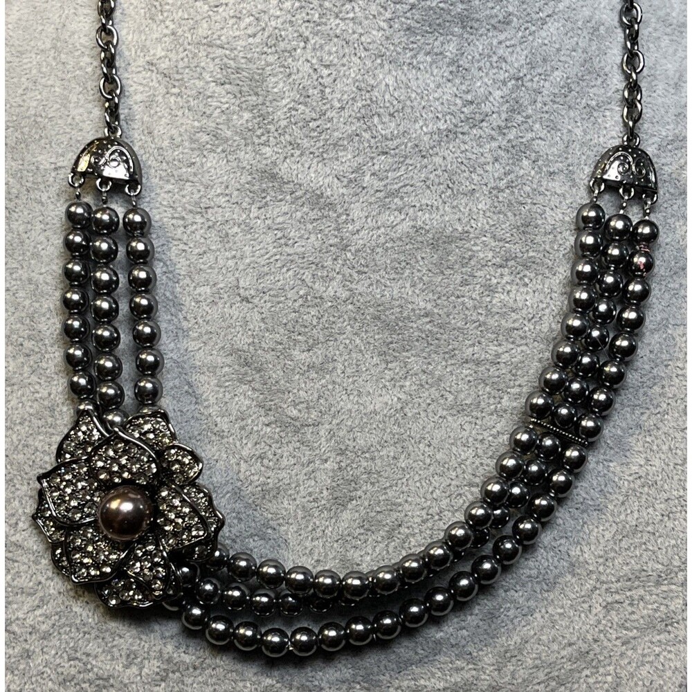 VCLM Multi Strand Silvertone Faux Pearl Rhinestone Flower Accent Necklace